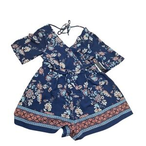 NWT Ash & Violet Floral Print Shorts Romper‎ Navy Blue Tie Back Sz XL